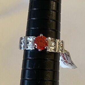 Silver Tone Orange Gemstone Ring Sz 7